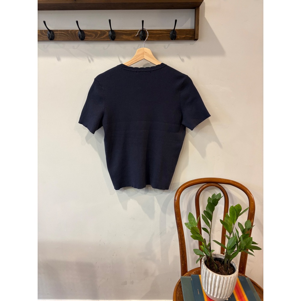 Daniel Rainn Navy Blue Ribbed Scalloped V-Neck Short Sleeve Cardigan - Picture 5 of 5